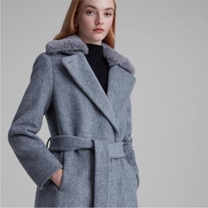 Club Monaco Baylee Belted Light Gray Trench Coat with Plush Collar